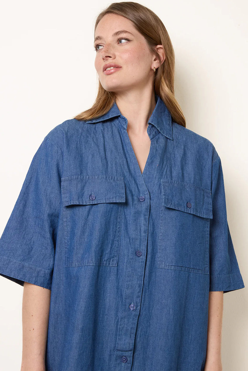 Button Front Denim Shirt Dress by Blue Vanilla