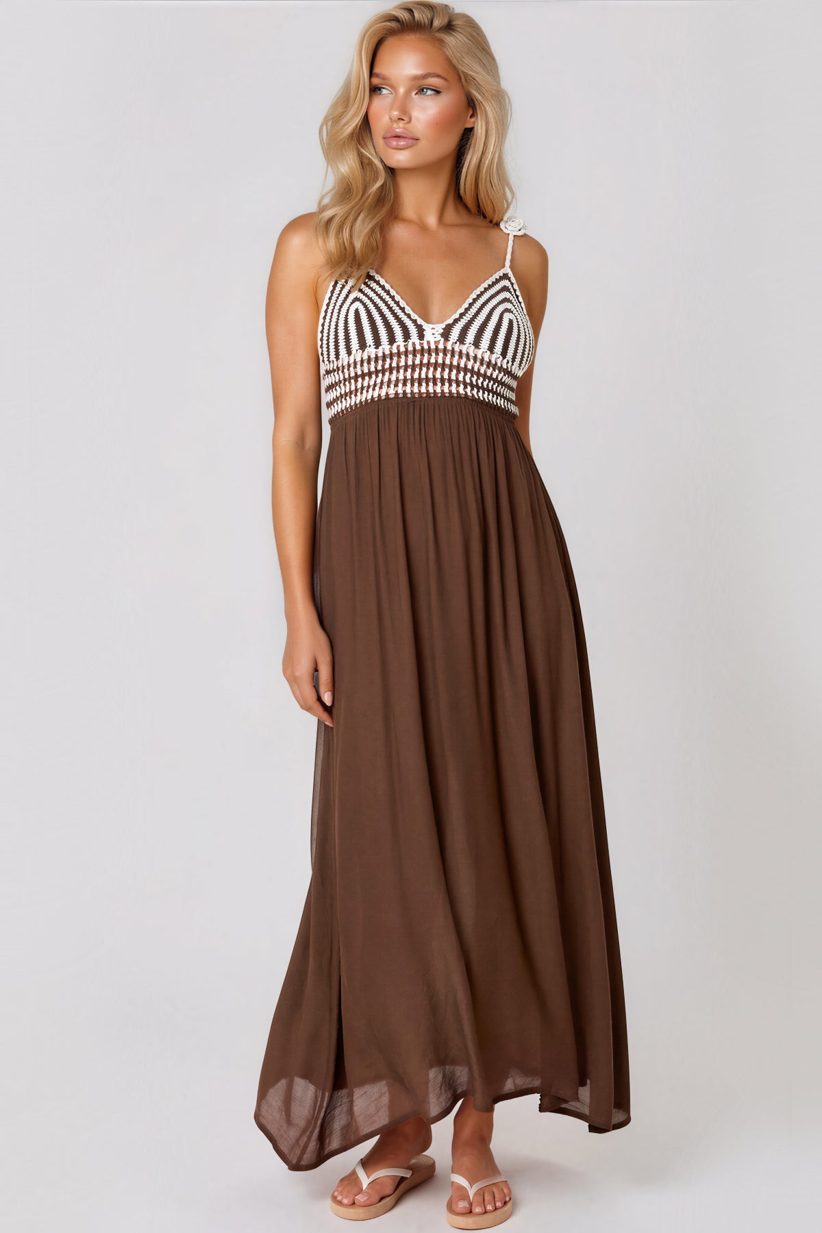 Brown Crochet Strappy Maxi Dress by Aftershock London