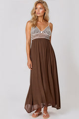 Brown Crochet Strappy Maxi Dress by Aftershock London