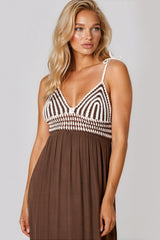 Brown Crochet Strappy Maxi Dress by Aftershock London
