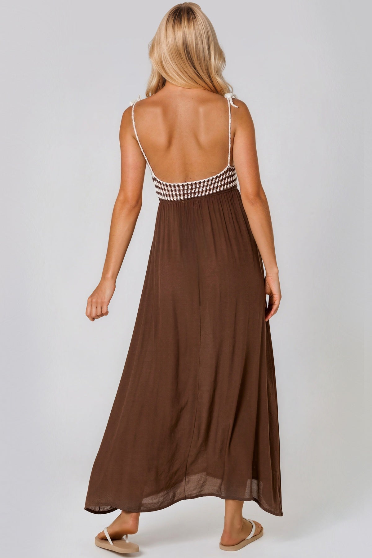 Brown Crochet Strappy Maxi Dress by Aftershock London
