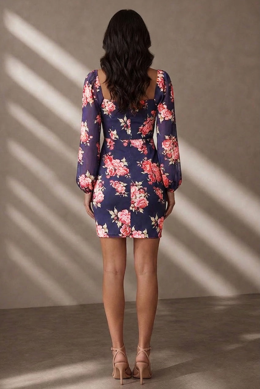 Balloon Sleeve Floral Bodycon Mini Dress In Navy by Chi Chi London