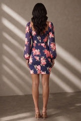 Balloon Sleeve Floral Bodycon Mini Dress In Navy by Chi Chi London
