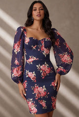 Balloon Sleeve Floral Bodycon Mini Dress In Navy by Chi Chi London