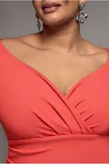 Bardot Pleated Midi Dress - Coral by Goddiva Plus