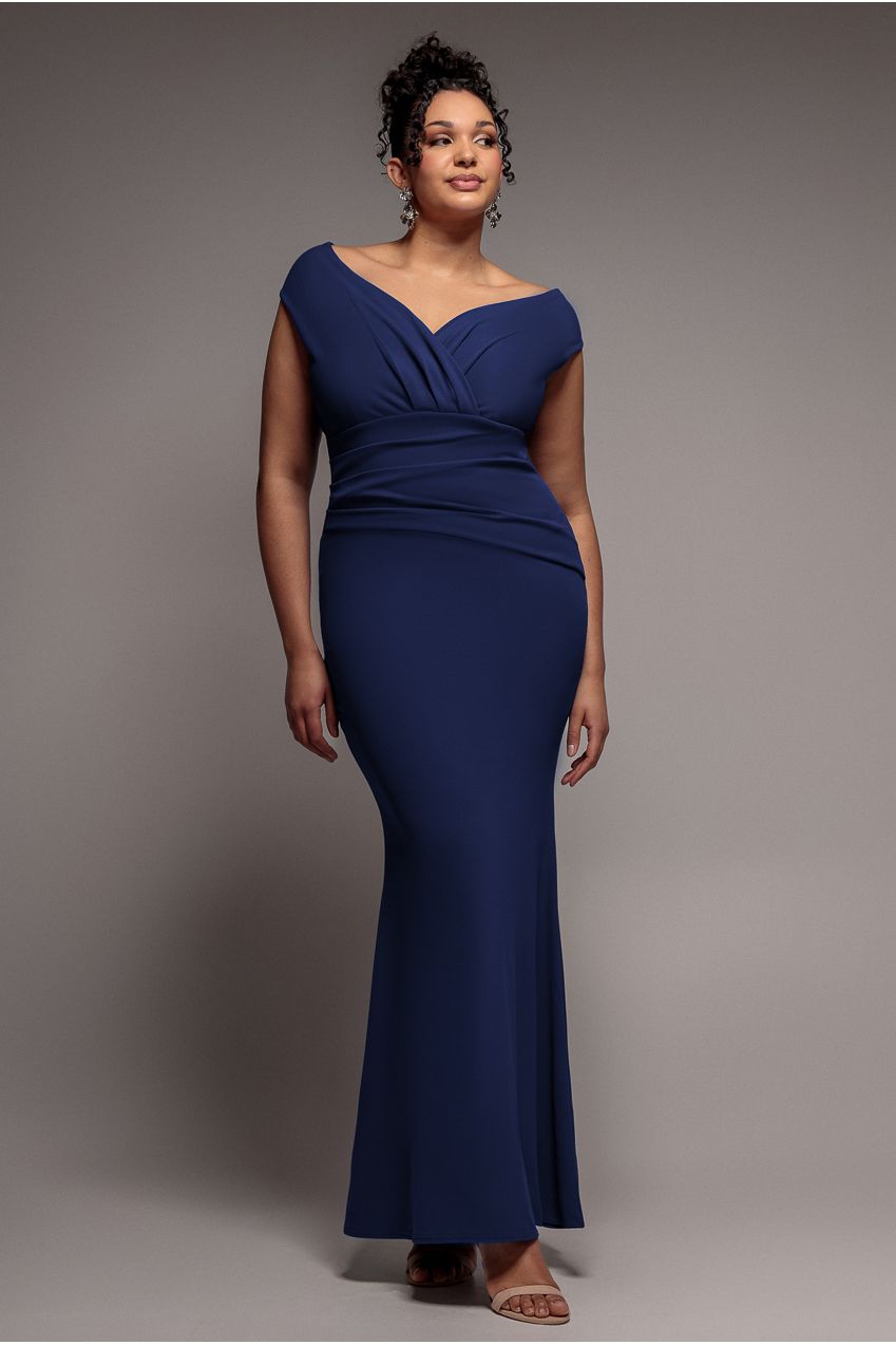 Bardot Pleated Maxi Dress - Navy Blue by Goddiva Plus