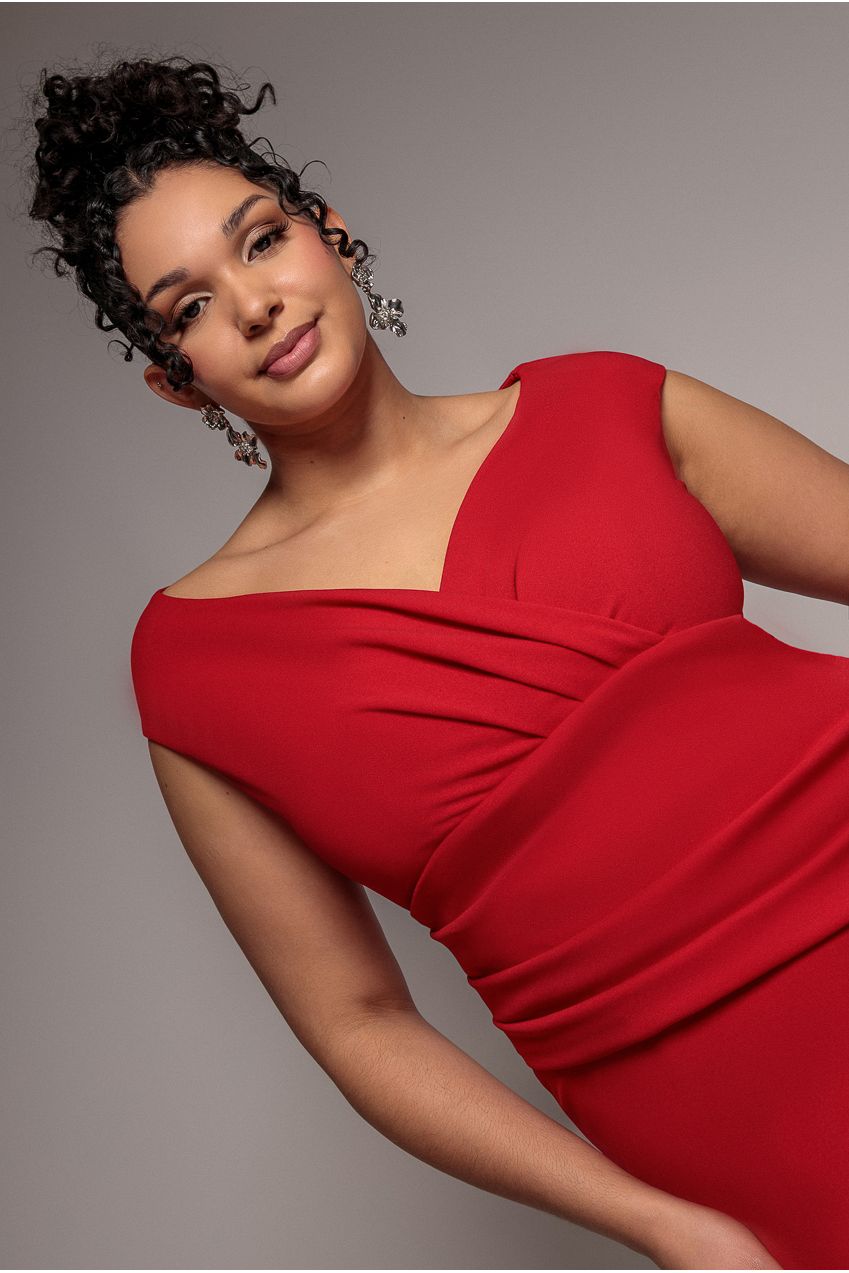 Bardot Pleated Maxi Dress - Red by Goddiva Plus