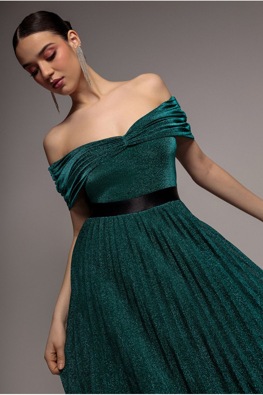 Bardot Pleated Skirt Maxi Dress - Emerald by Goddiva
