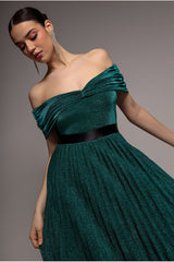 Bardot Pleated Skirt Maxi Dress - Emerald by Goddiva