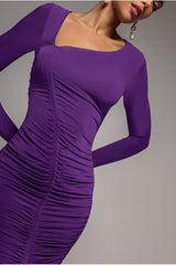 Asymmetrical Neck Ruched Midi Dress - Purple by City Goddess