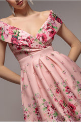 Bardot Floral Print A-Line Scuba Foam Midi Dress - Blush by Goddiva