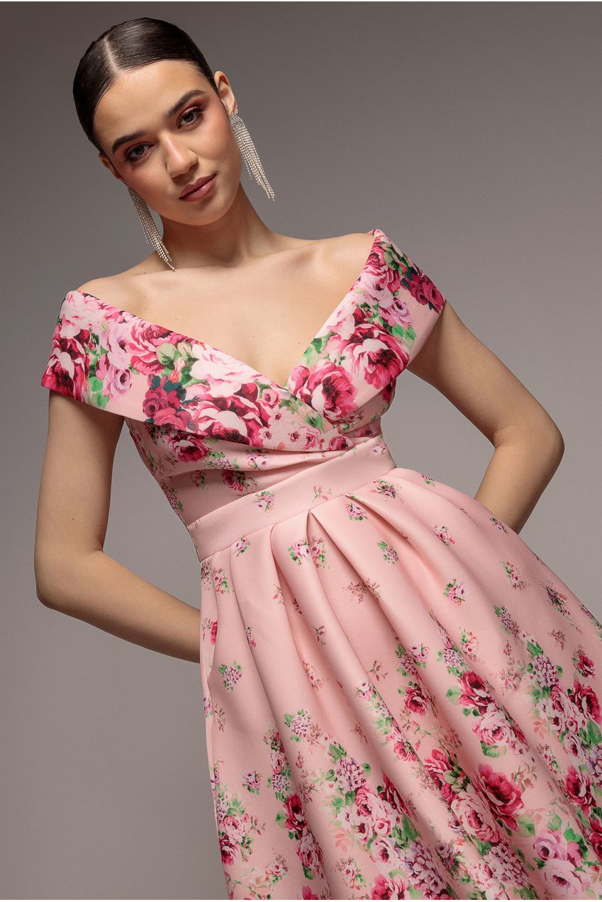 Bardot Floral Print A-Line Scuba Foam Midi Dress - Blush by Goddiva