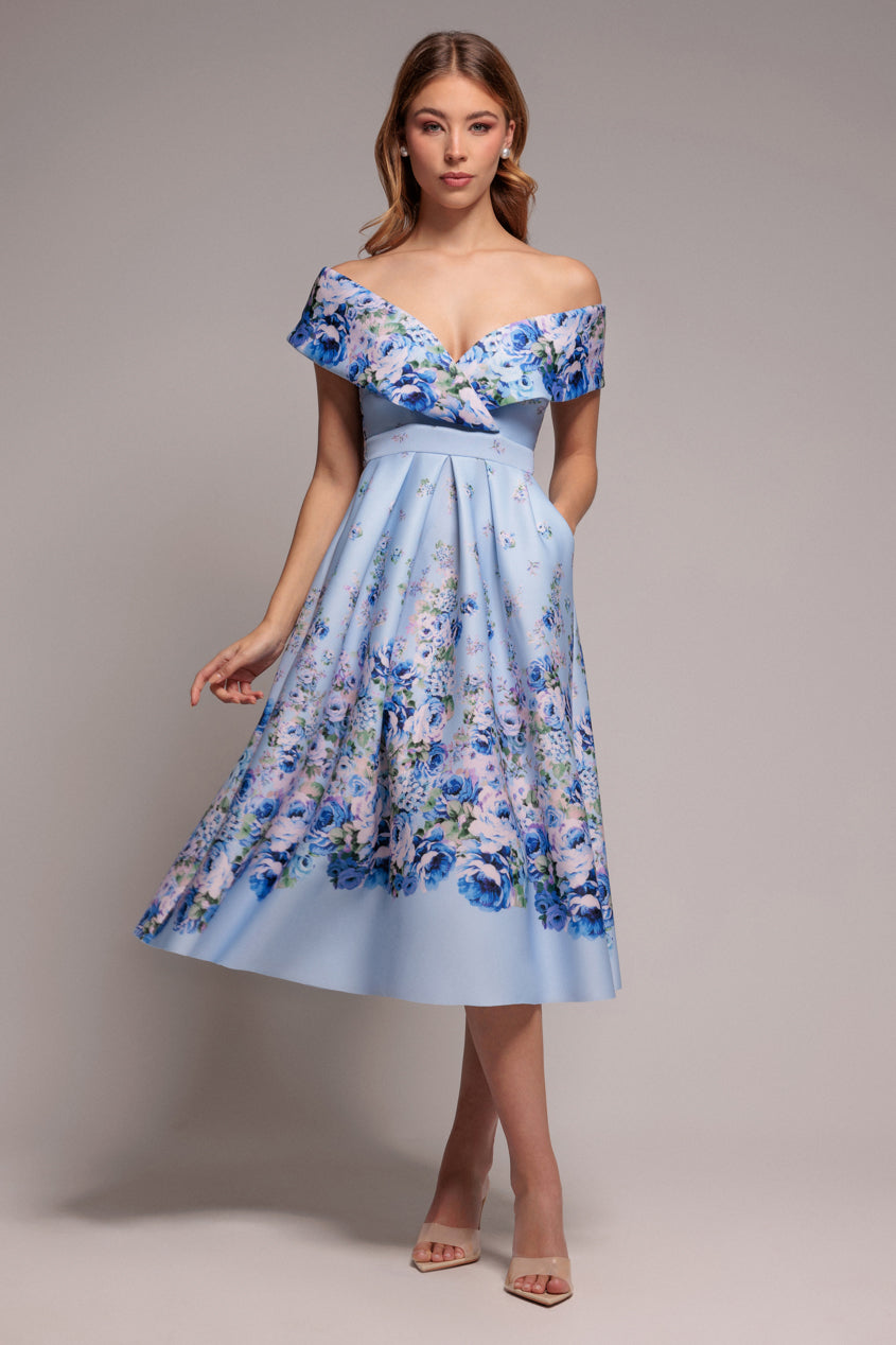 Bardot Floral Print A-Line Scuba Foam Midi Dress - Blue by Goddiva