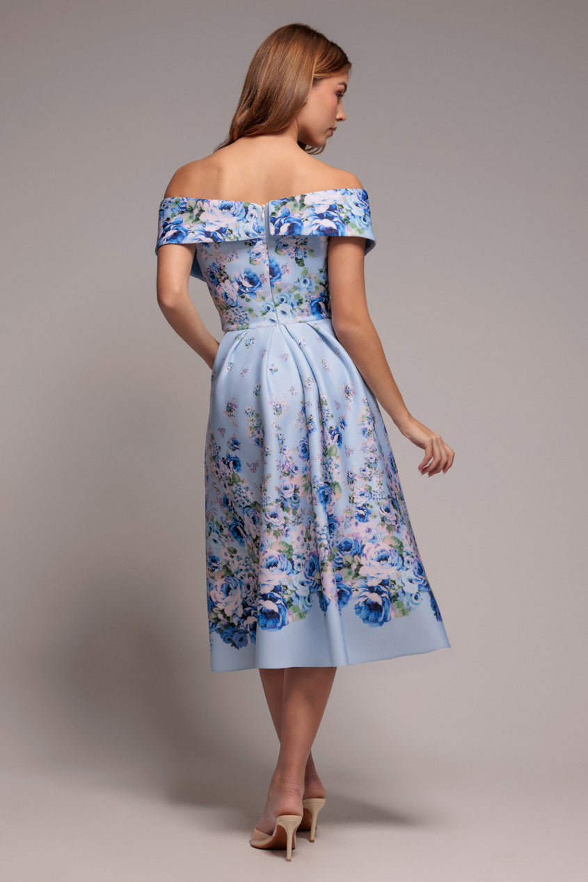 Bardot Floral Print A-Line Scuba Foam Midi Dress - Blue by Goddiva