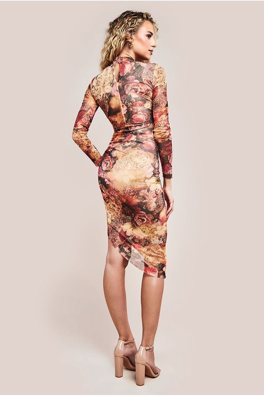 Asymmetric Gathered Skirt Midi Dress - Orange by Goddiva