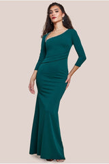 Asymmetric Neck Diamante Embellished Maxi Dress - Emerald Green by Goddiva