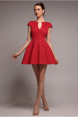 Cap Sleeve Plunging V-Neckline Skater Mini Dress - Red by Goddiva
