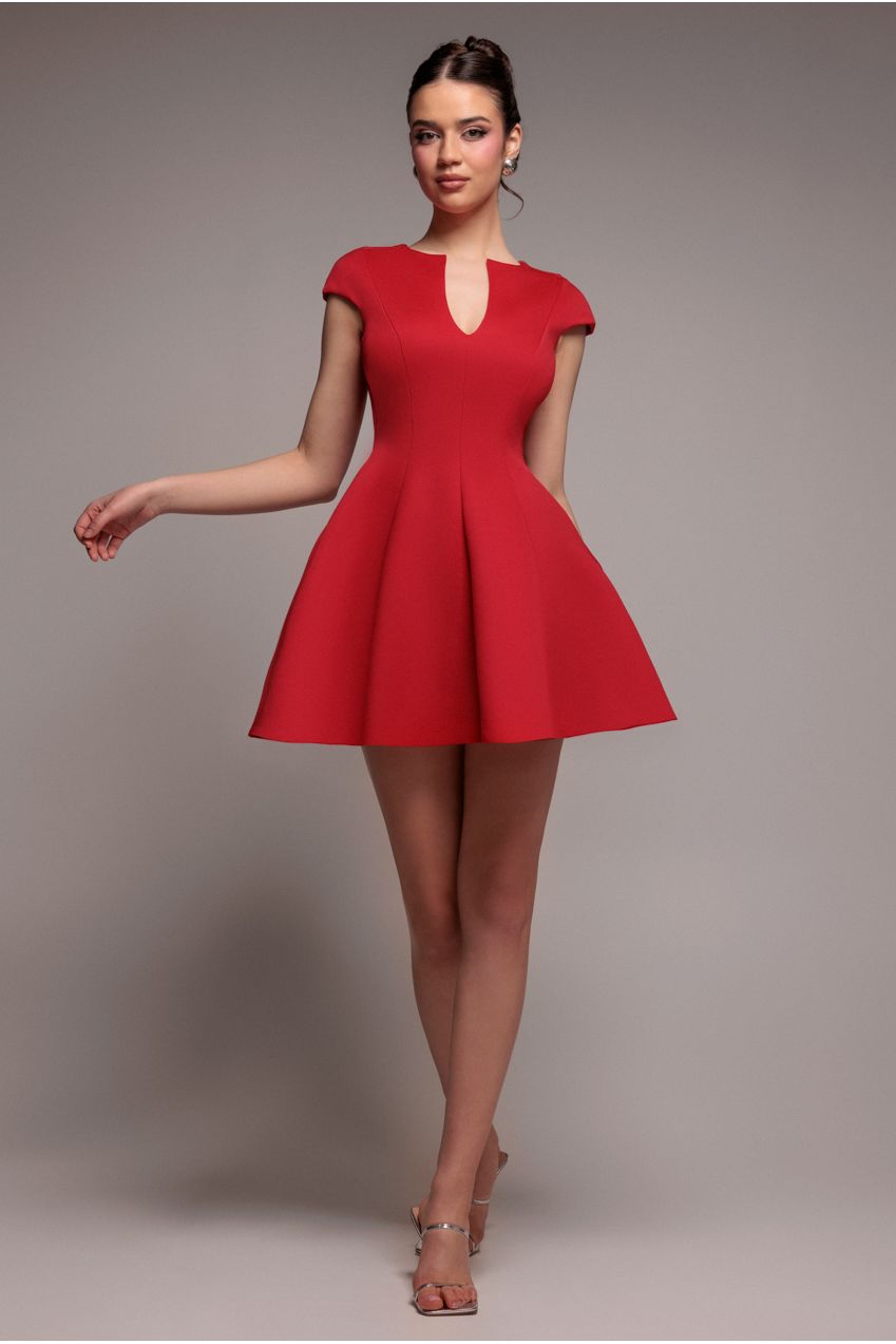 Cap Sleeve Plunging V-Neckline Skater Mini Dress - Red by Goddiva