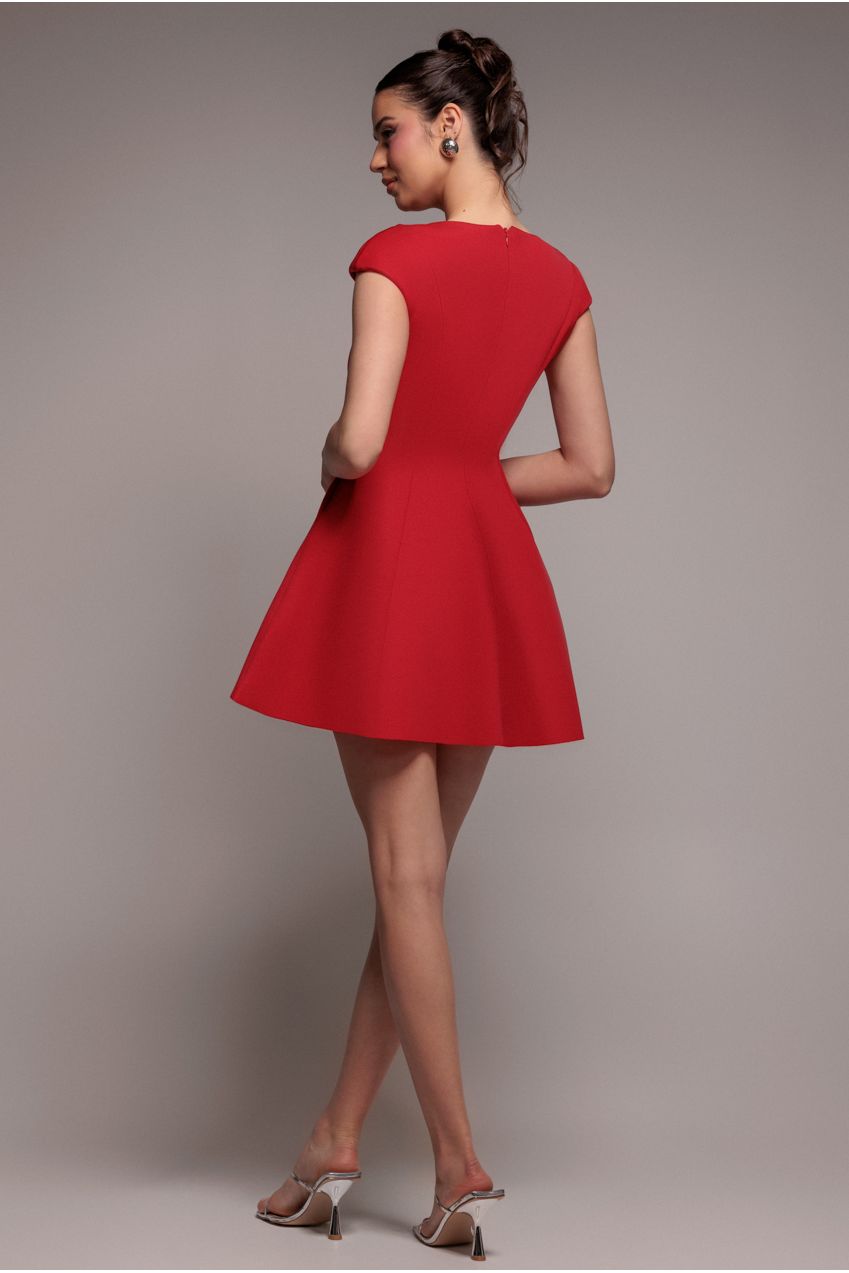 Cap Sleeve Plunging V-Neckline Skater Mini Dress - Red by Goddiva
