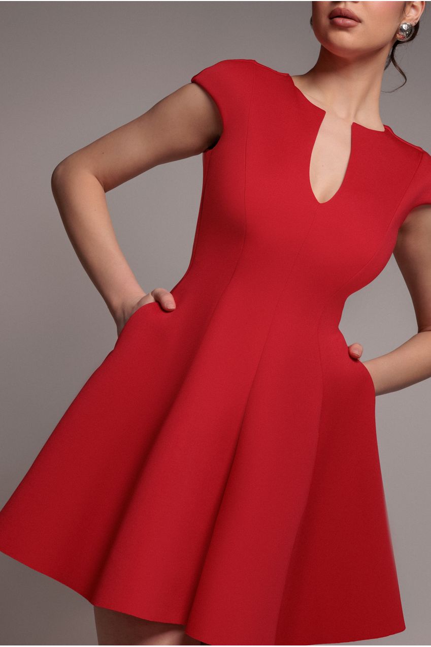 Cap Sleeve Plunging V-Neckline Skater Mini Dress - Red by Goddiva