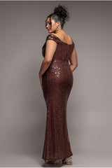 Cap Sleeve Iridescent Sequin Cowl Maxi Dress - Brown by Goddiva Plus