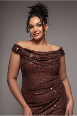 Cap Sleeve Iridescent Sequin Cowl Maxi Dress - Brown by Goddiva Plus