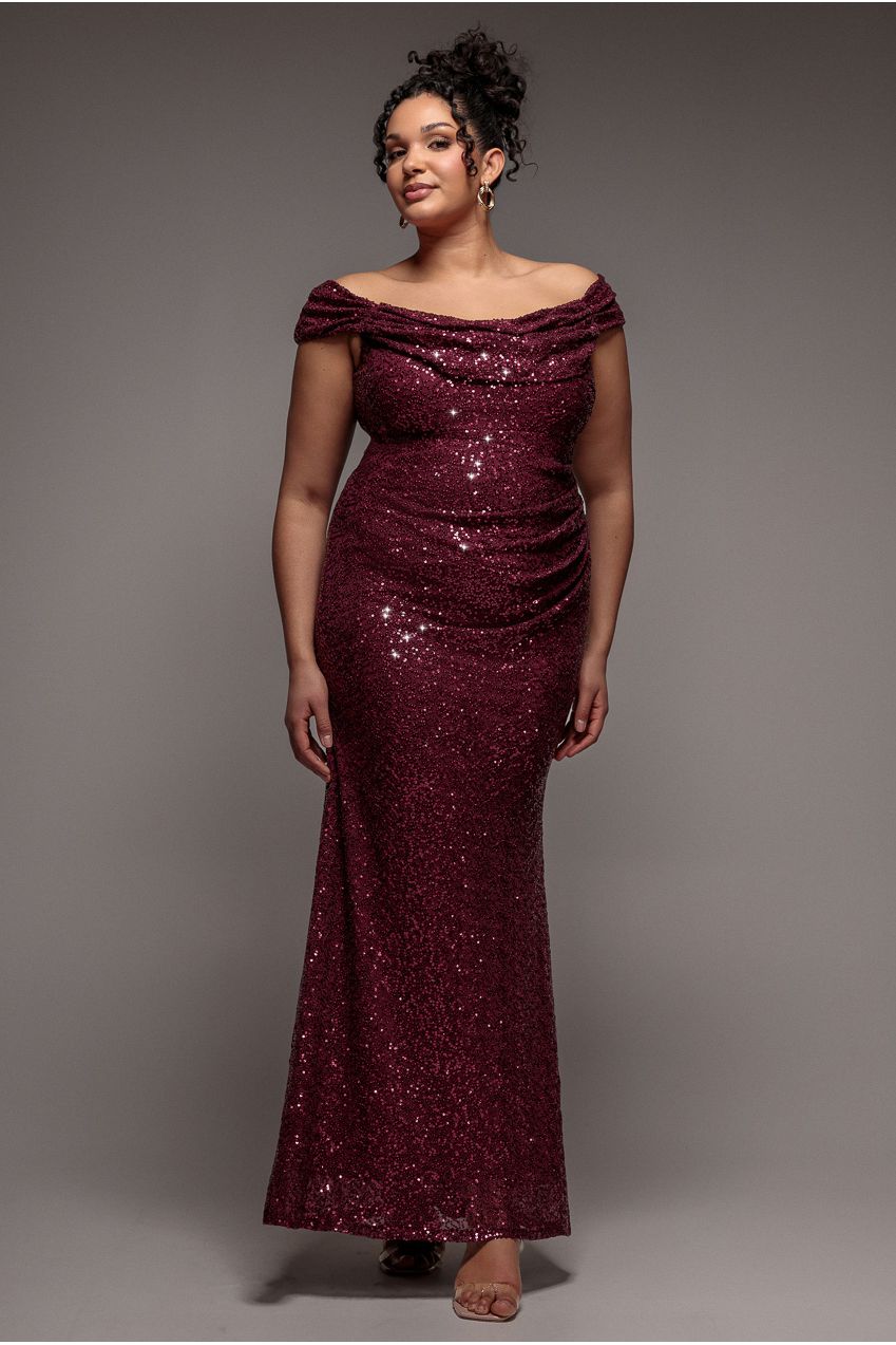 Cap Sleeve Iridescent Sequin Cowl Maxi Dress - Burgundy Red by Goddiva Plus
