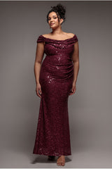 Cap Sleeve Iridescent Sequin Cowl Maxi Dress - Burgundy Red by Goddiva Plus
