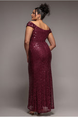 Cap Sleeve Iridescent Sequin Cowl Maxi Dress - Burgundy Red by Goddiva Plus