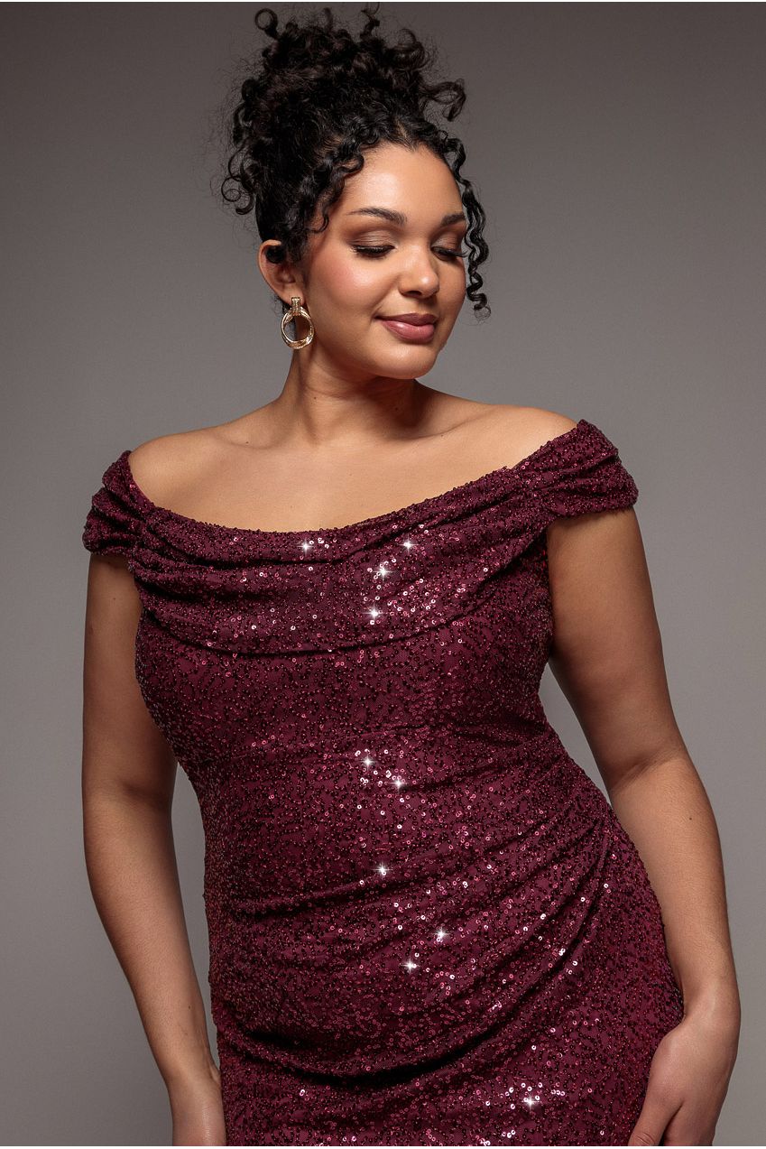 Cap Sleeve Iridescent Sequin Cowl Maxi Dress - Burgundy Red by Goddiva Plus