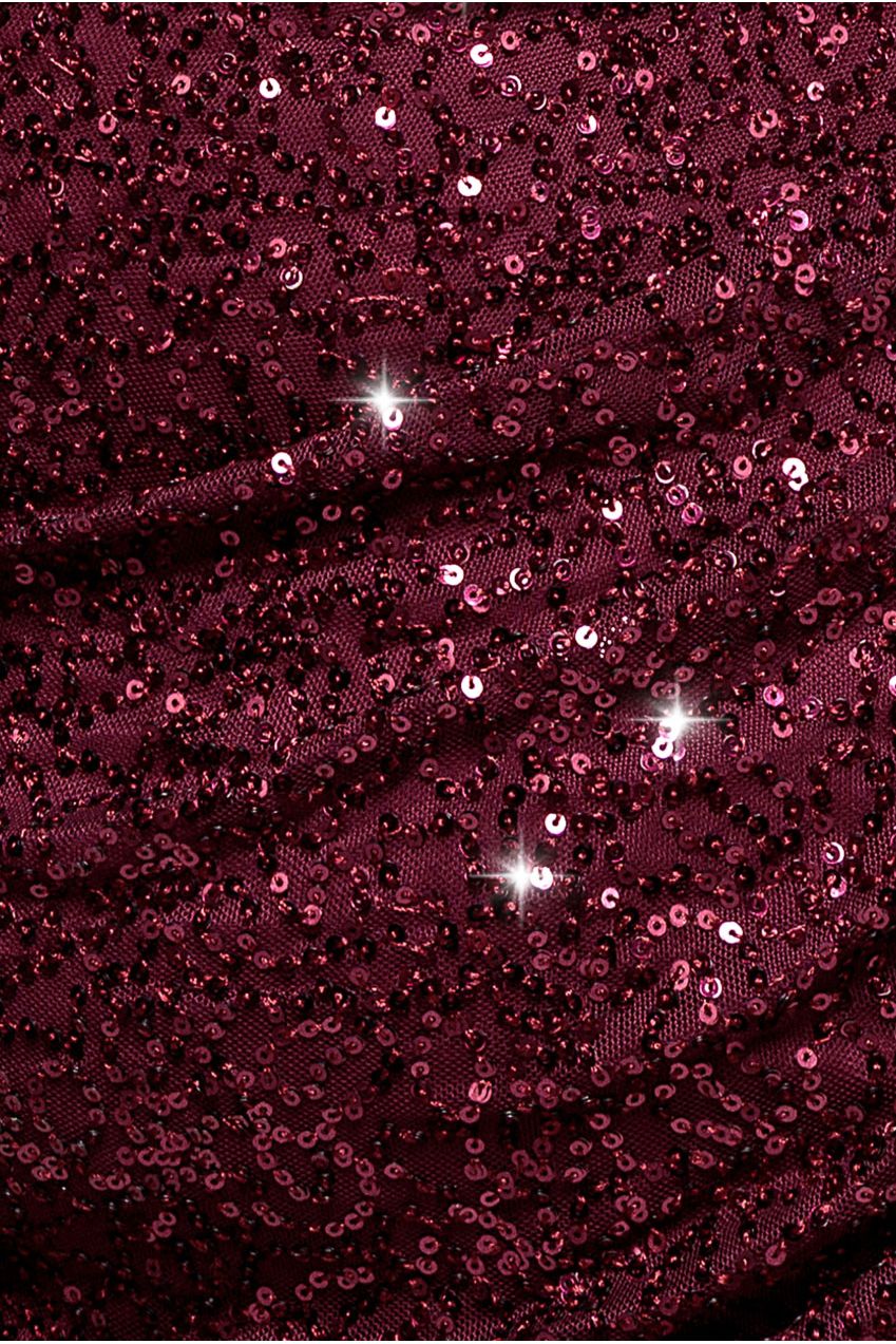 Cap Sleeve Iridescent Sequin Cowl Maxi Dress - Burgundy Red by Goddiva Plus