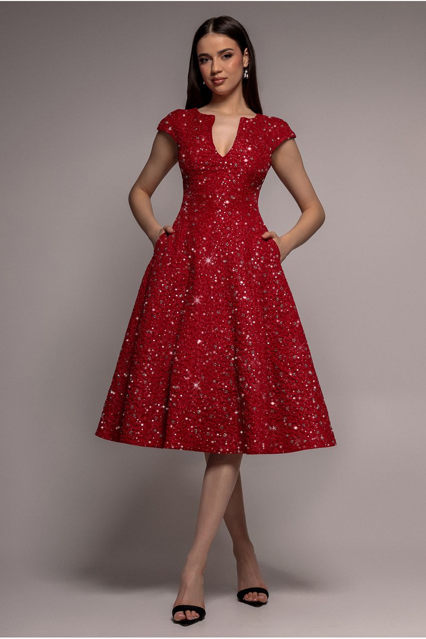 Bead Embellished Jacquard A Line Midi Dress - Red by Goddiva