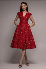 Bead Embellished Jacquard A Line Midi Dress - Red by Goddiva