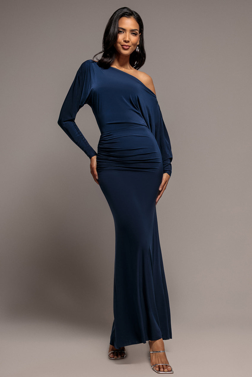 Bat Wing Elasticated Side Gather Maxi Dress - Navy Blue by Goddiva
