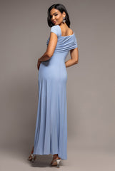 Asymmetric Neck Gathered Waist Maxi Dress - Blue by Goddiva