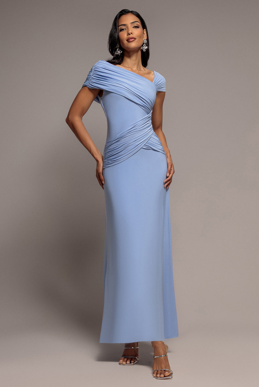 Asymmetric Neck Gathered Waist Maxi Dress - Blue by Goddiva