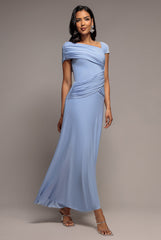 Asymmetric Neck Gathered Waist Maxi Dress - Blue by Goddiva