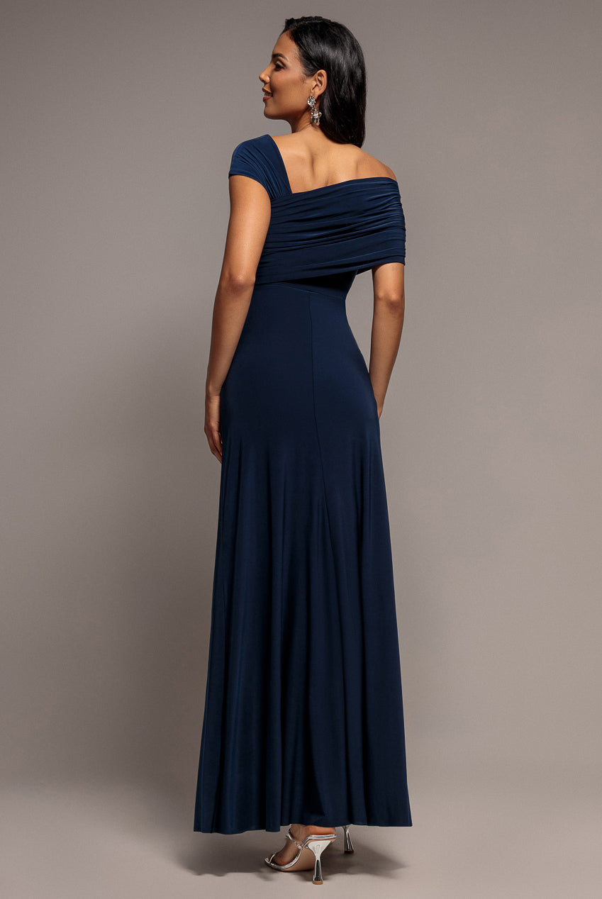 Asymmetric Neck Gathered Waist Maxi Dress - Navy Blue by Goddiva