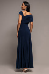 Asymmetric Neck Gathered Waist Maxi Dress - Navy Blue by Goddiva