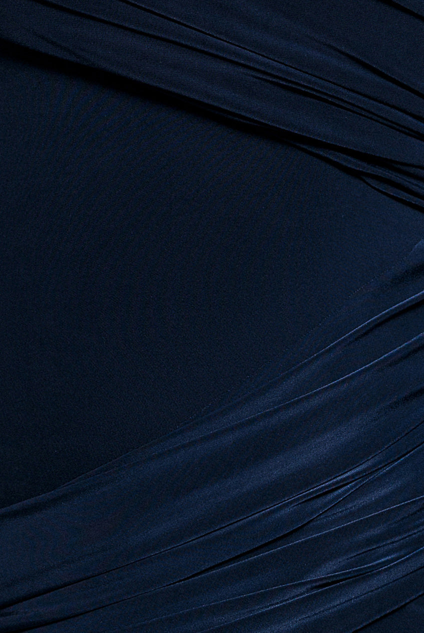 Asymmetric Neck Gathered Waist Maxi Dress - Navy Blue by Goddiva