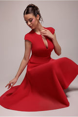 Cap Sleeve Skater High Low Midi Dress - Red by Goddiva