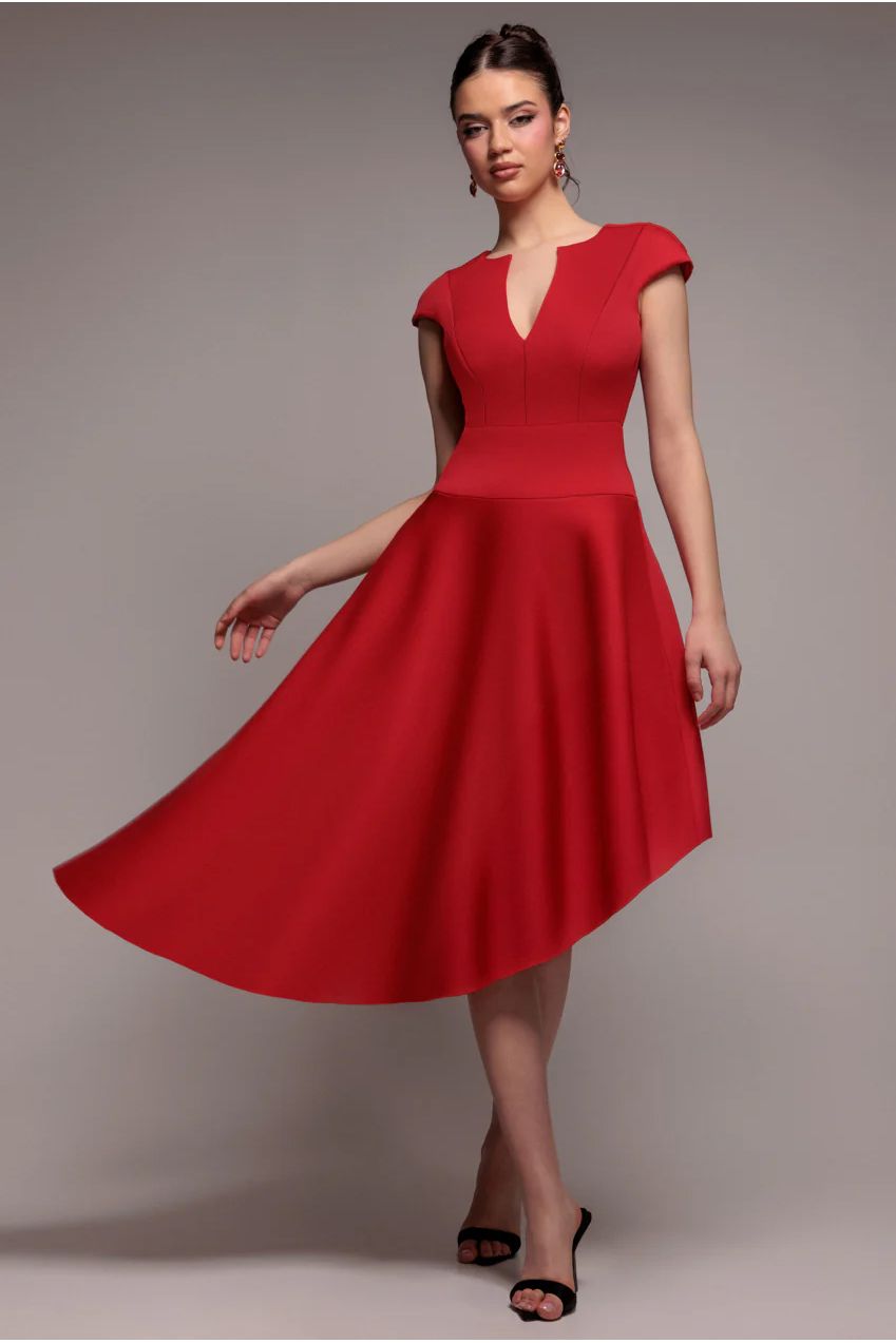 Cap Sleeve Skater High Low Midi Dress - Red by Goddiva