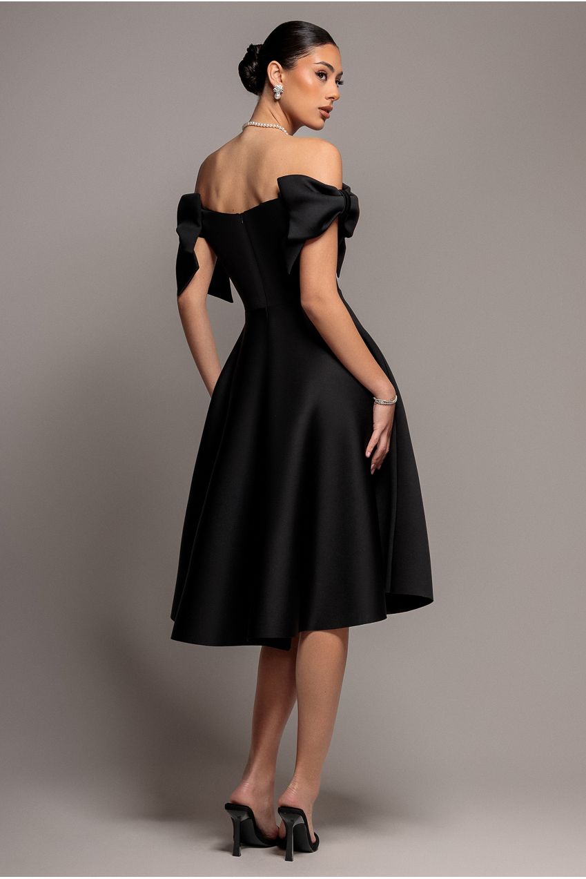 Bardot Plunge Neck Bow Sleeve A Line Midi Dress - Black by Goddiva
