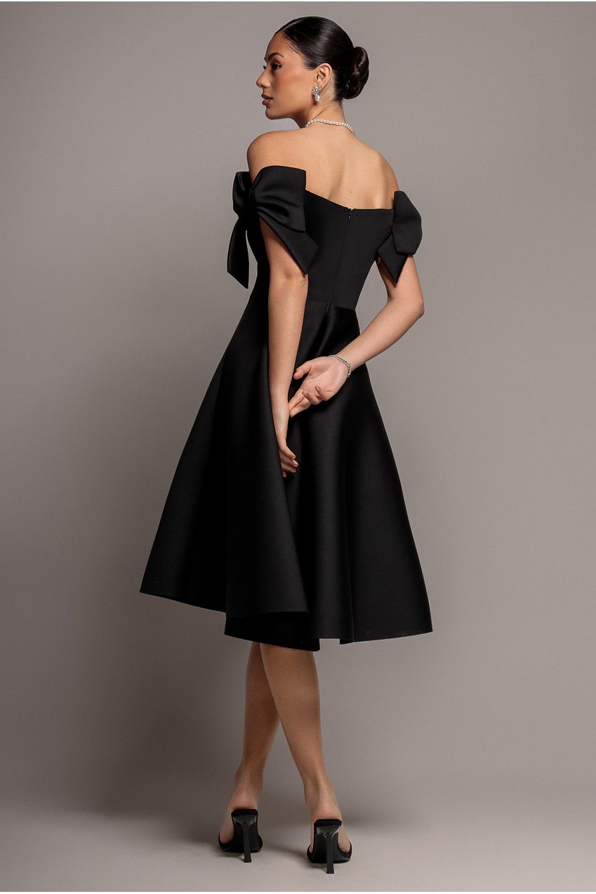 Bardot Plunge Neck Bow Sleeve A Line Midi Dress - Black by Goddiva