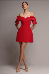 Bardot Plunge Neck Bow Sleeve Skater Mini Dress - Red by Goddiva
