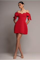 Bardot Plunge Neck Bow Sleeve Skater Mini Dress - Red by Goddiva
