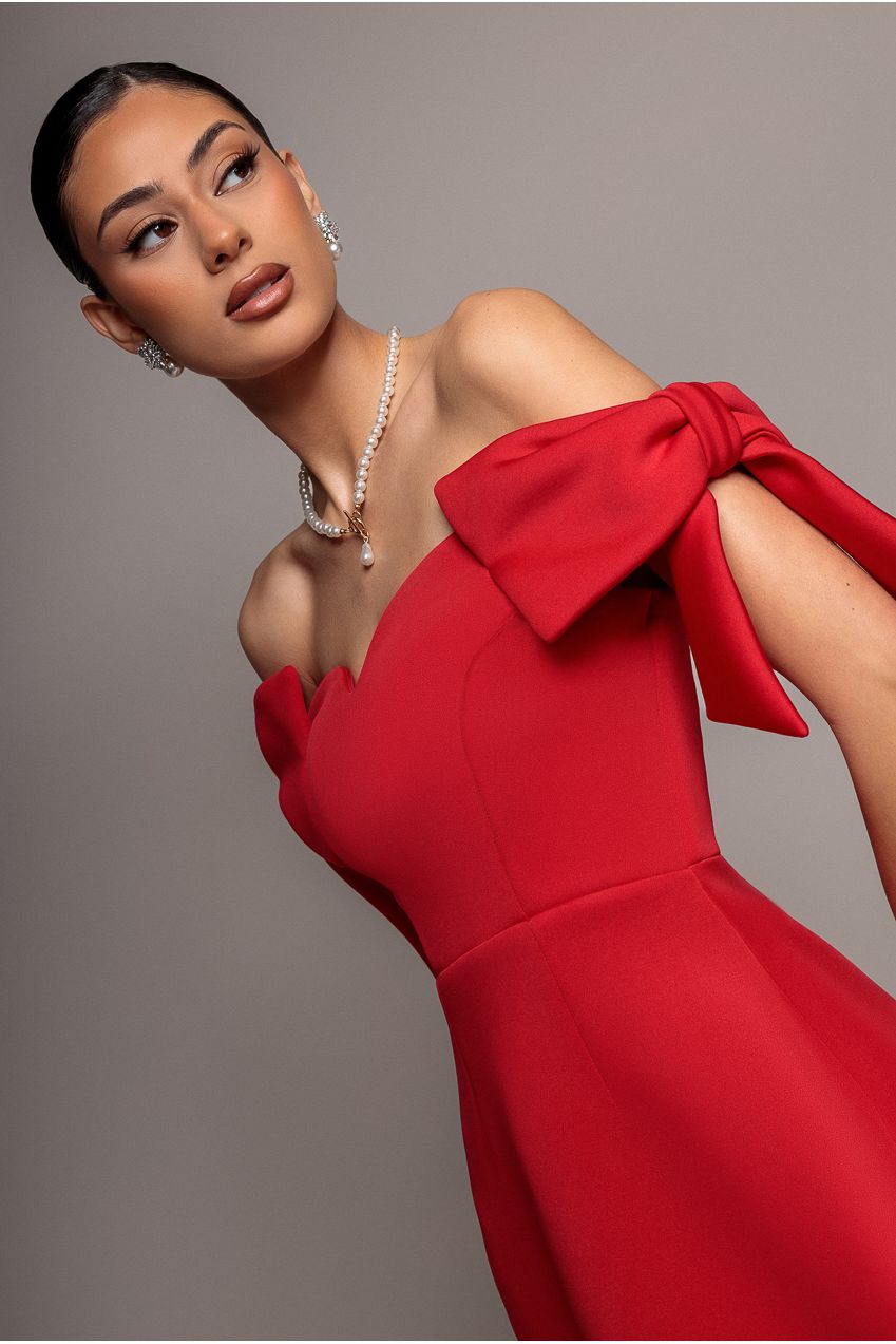 Bardot Plunge Neck Bow Sleeve Skater Mini Dress - Red by Goddiva