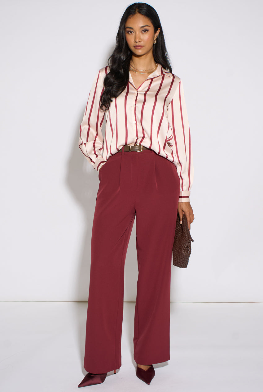 Burgundy Stripe Loose Fit Shirt by Gini London