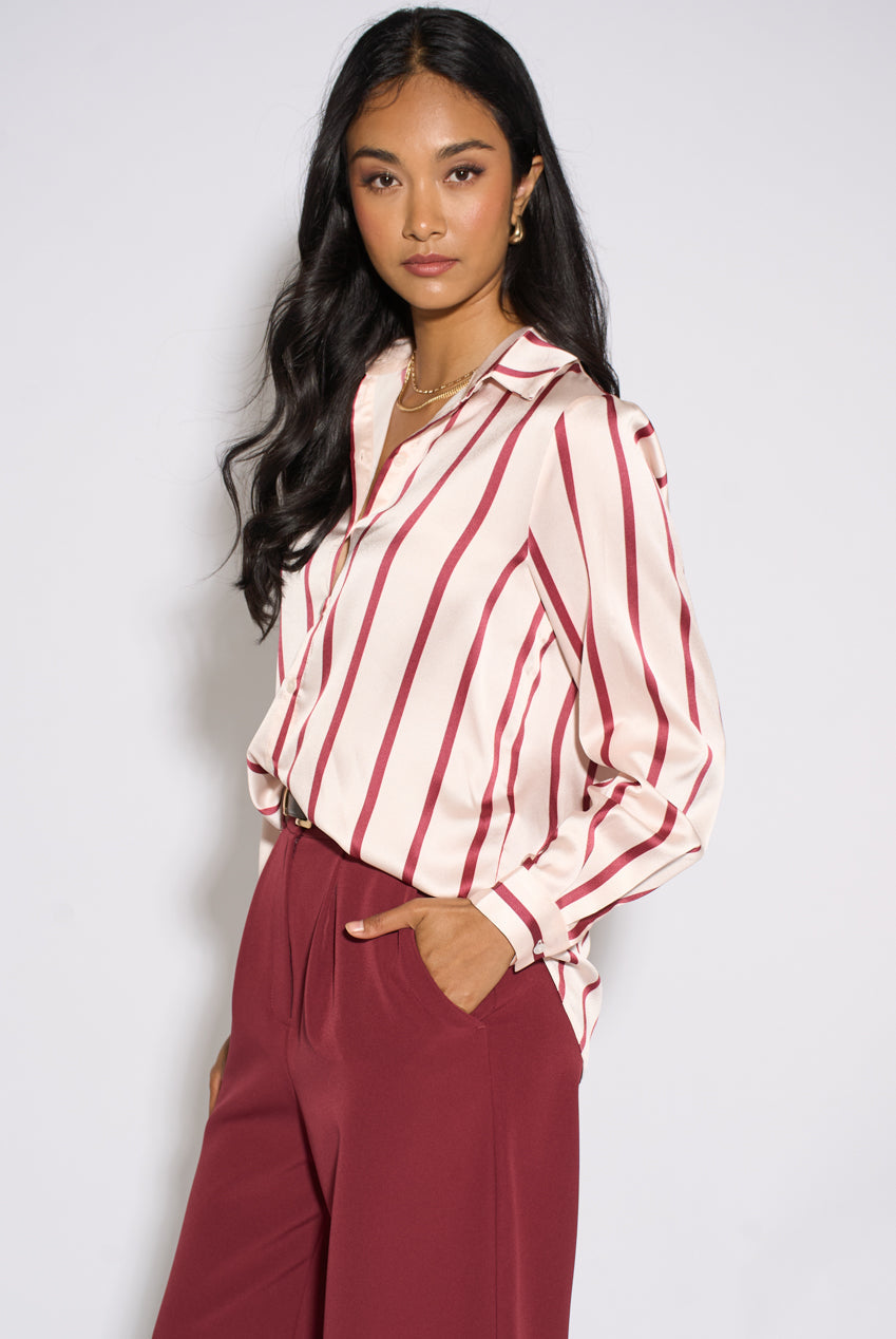 Burgundy Stripe Loose Fit Shirt by Gini London