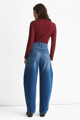 Blue Mid Rise Barrel Leg Jeans by Gini London